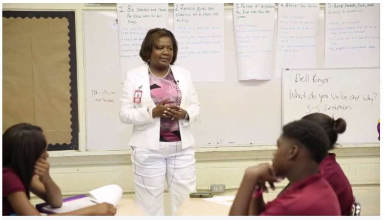 Principal Dianne Zanders talks to 8th graders at Coleman Middle School.