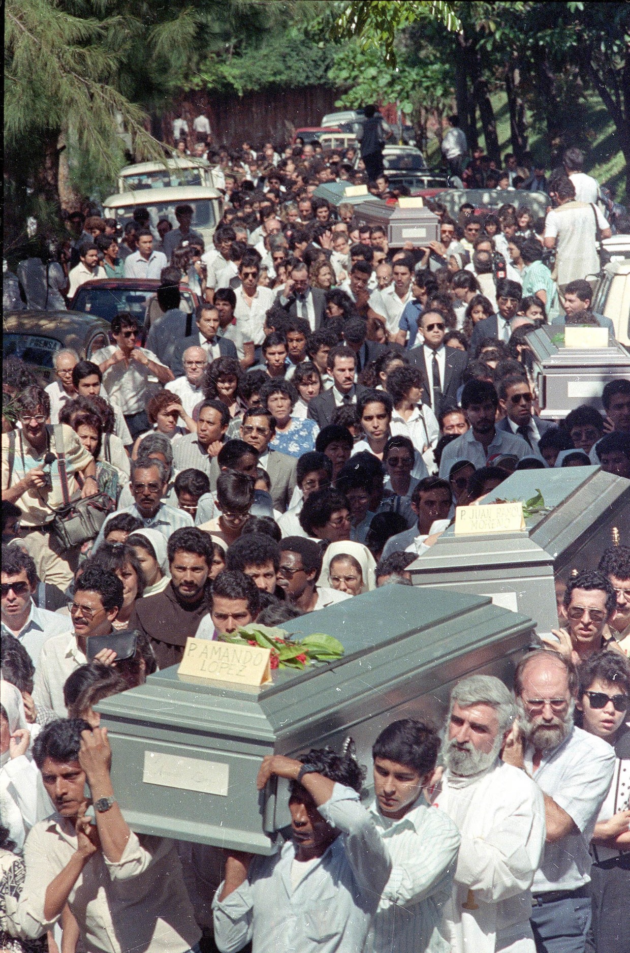 The funeral procession of six Jesuit priests slain by Salvadoran military, in San Salvador, El Salvador on Nov. 19, 1989.