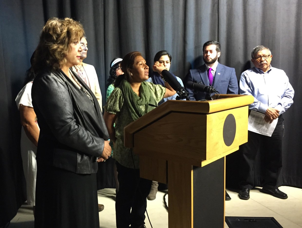 Maria de Jesus Tlatempa Bello, the mother of the one of the teachers’ college students taken by local police in Iguala Mexico, speaks in Austin, Texas as part of a tour the families are giving.
