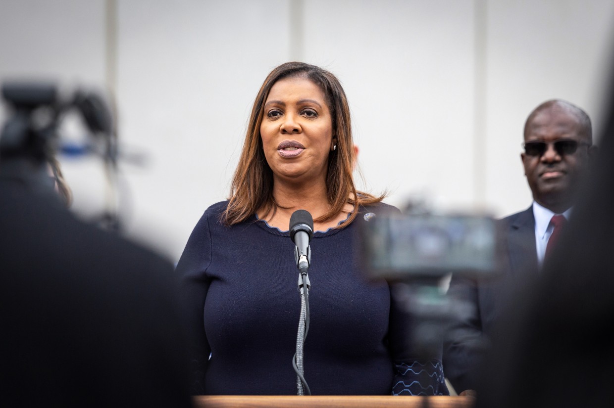 New York Attorney General Letitia James speaking in White Plains.