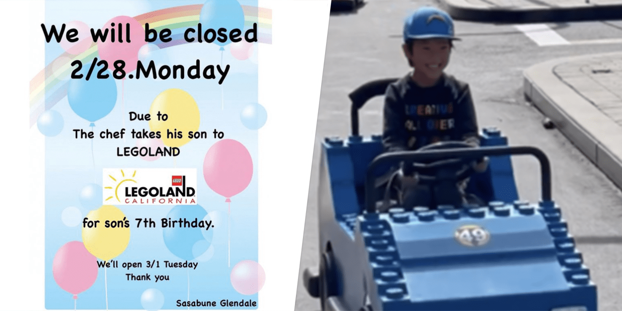 The chef takes his son to Legoland Restaurant s closed sign goes