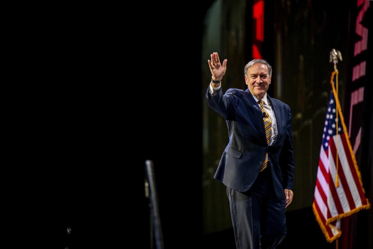 Image: Former U.S. Secretary of State Mike Pompeo walks off stage during the American Freedom Tour on May 14, 2022 in Austin, Texas.