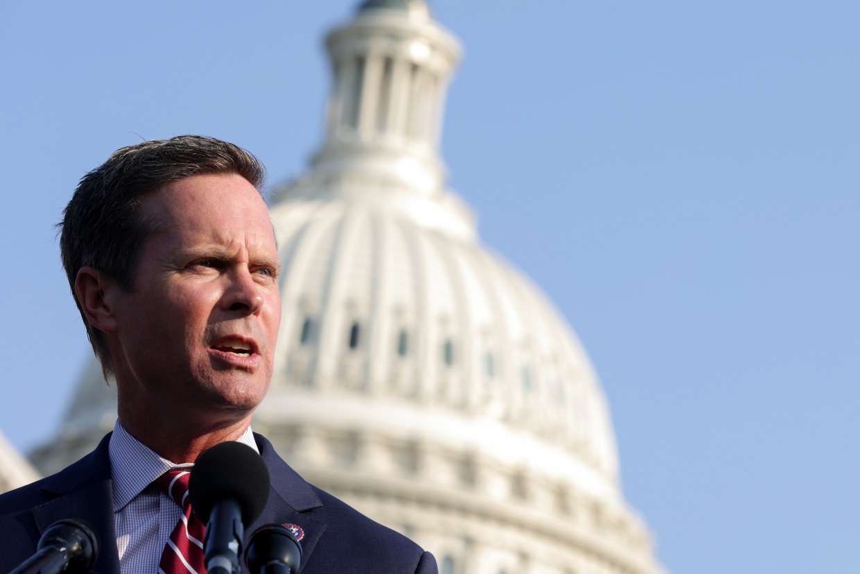 In front of the Capitol, Rep. Rodney Davis, R-IL., speaks during a news conference to discuss the January 6th Committee, on July 27, 2021.