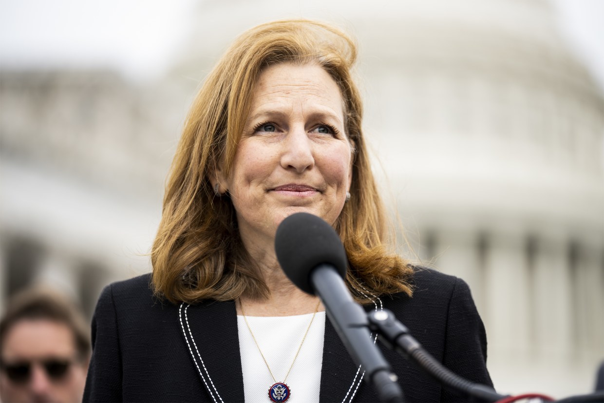 Image: Rep. Kim Schrier, D-Wash., speaks during a news conference outside the Capitol on May 12, 2022.
