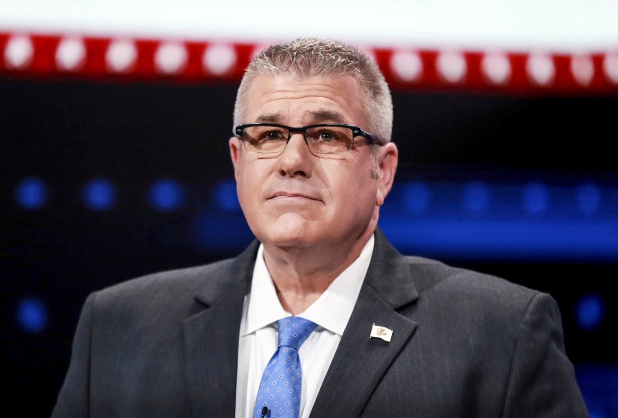 Republican candidate for Illinois governor Darren Bailey prepares for a debate in Chicago on May 24, 2022.