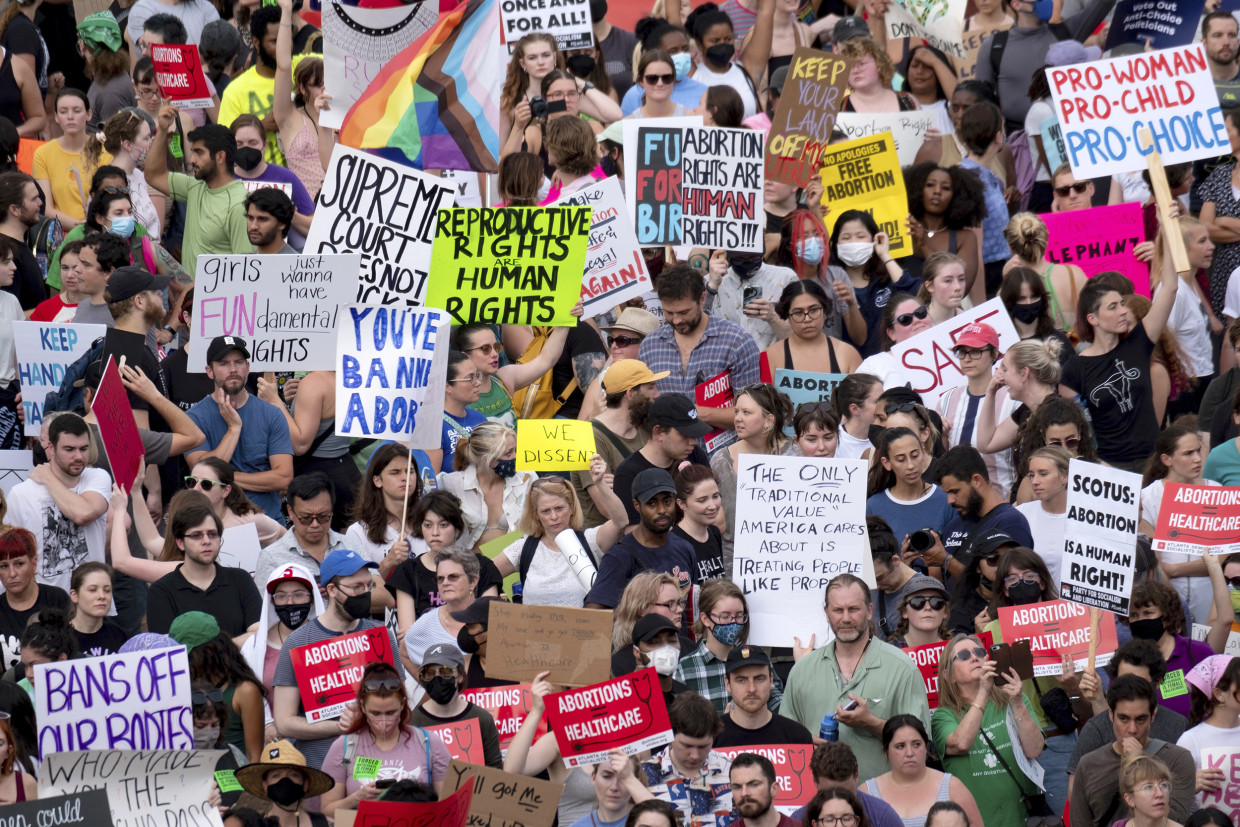 People gather to protest the Supreme Court's decision to overturn Roe v. Wade, in downtown Atlanta, on June 24, 2022.
