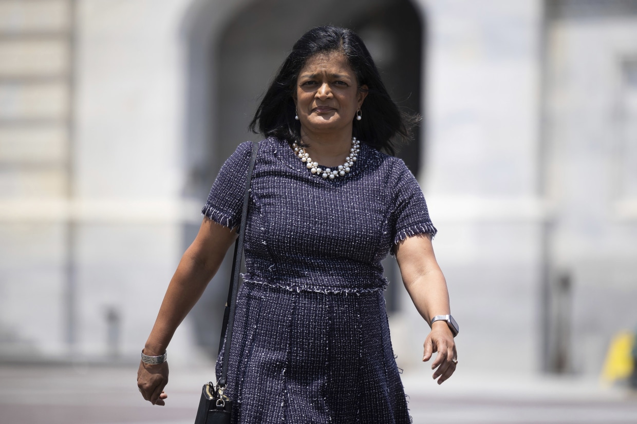 Rep. Pramila Jayapal, D-Wash., walks outside the Capitol on June 8, 2022.