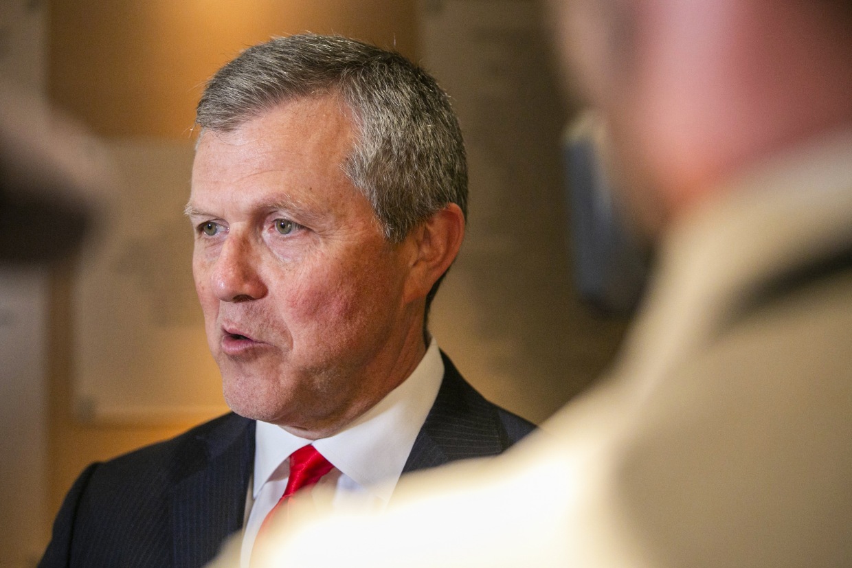 Republican gubernatorial primary candidate Kevin Rinke answers questions from reporters a debate in Grand Rapids, Mich., on July 6, 2022.