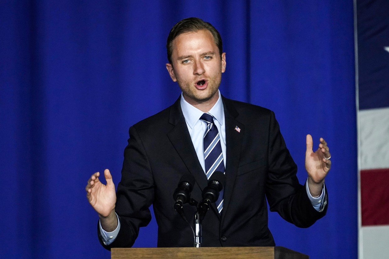 Matt Mowers, Republican candidate for New Hampshire's First Congressional District, speaks at a campaign rally, on Sept. 22, 2020, at Lanconia Municipal Airport in Gilford, N.H.