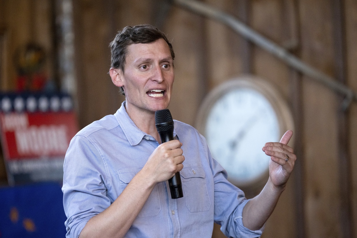 Arizona GOP Senate nominee Blake Masters speaks during his town hall event at Miss Kitty's Steak House in Williams, Ariz., on July 6, 2022.