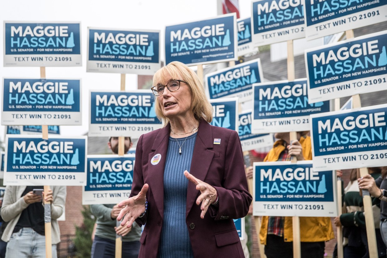 Sen. Maggie Hassan, D-N.H., speaks in Newfields, N.H., on Sept. 13, 2022.