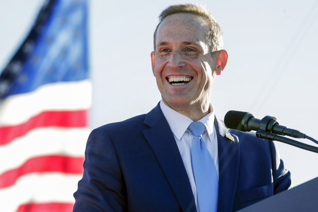Image: Ted Budd, Republican candidate for U.S. Senate from North Carolina, speaks to the crowd at former President Donald Trump's rally on Sept. 23, 2022, in Wilmington, N.C.