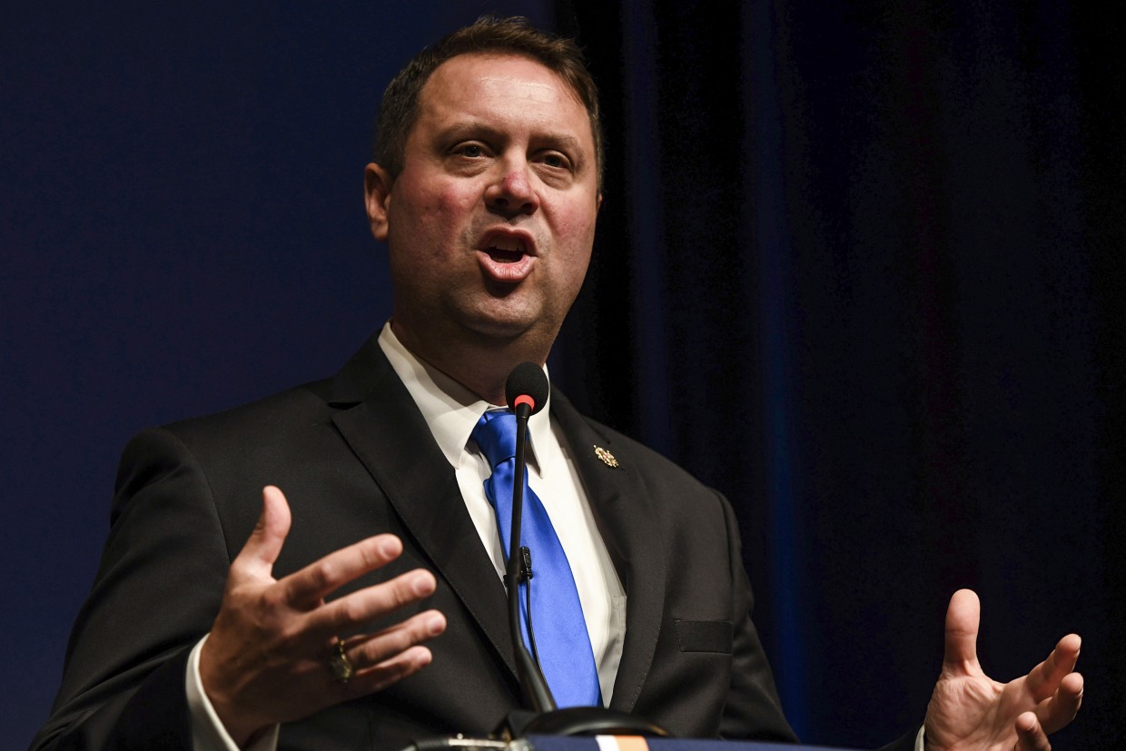 Republican gubernatorial candidate Dan Cox speaks during the gubernatorial forum on Aug. 20, 2022, in Ocean City, Md.