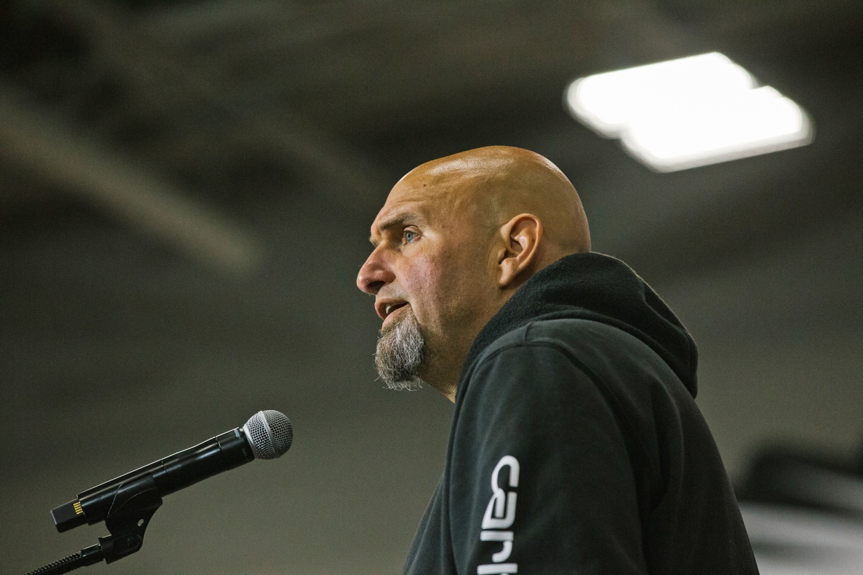 Lt. Gov. John Fetterman speaks at a rally in Blue Bell, Pa.