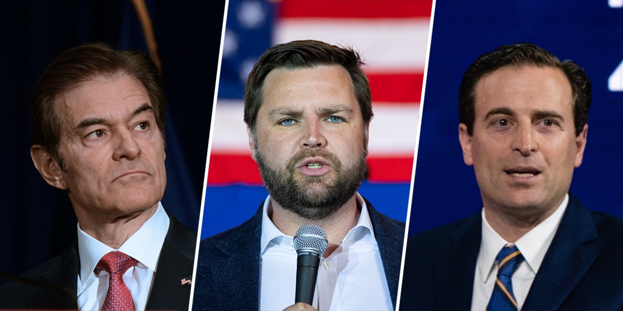 Composite of headshots of Mehmet Oz, J.D. Vance and Adam Laxalt.