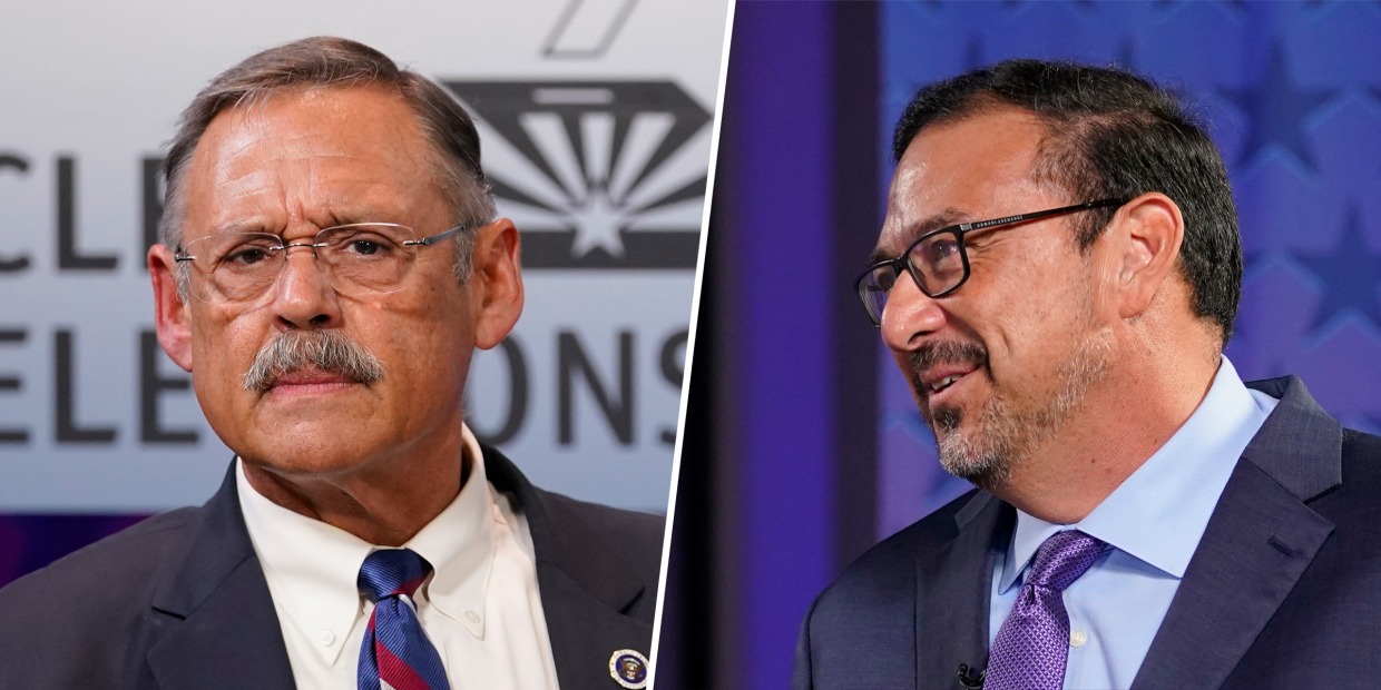 Arizona Secretary of State candidates Mark Finchem and Adrian Fontes.