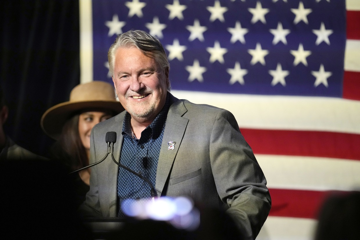 Joe O'Dea, Republican nominee for the U.S. Senate seat held by Democrat Michael Bennet, speaks during a primary election night watch party, late Tuesday, June 28, 2022, in Denver.