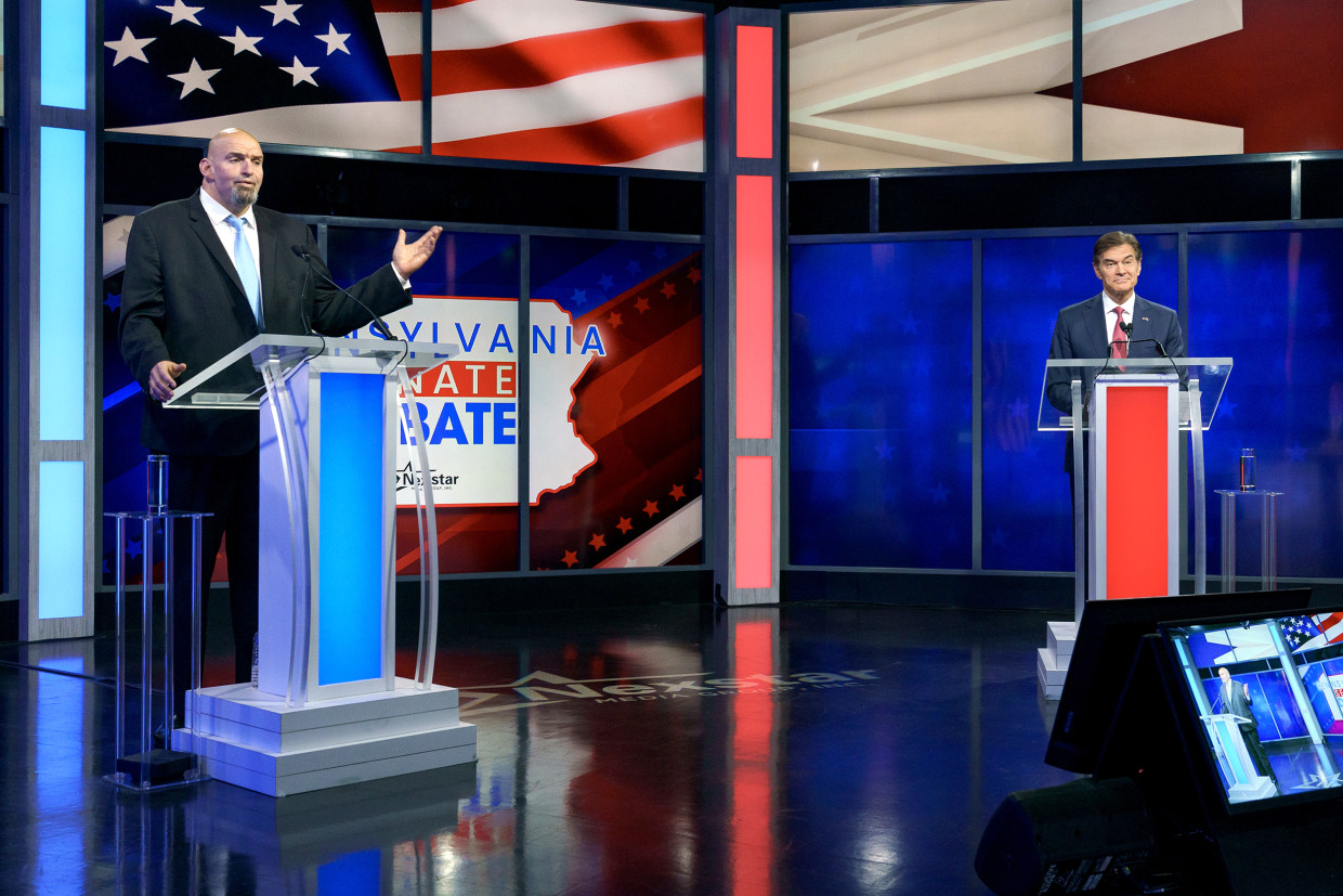 Democratic Senate candidate Lt. Gov. John Fetterman and Republican Pennsylvania candidate Dr. Mehmet Oz participate in the Nexstar Pennsylvania Senate at WHTM abc27 in Harrisburg, Pa., on Tuesday, October 25, 2022.