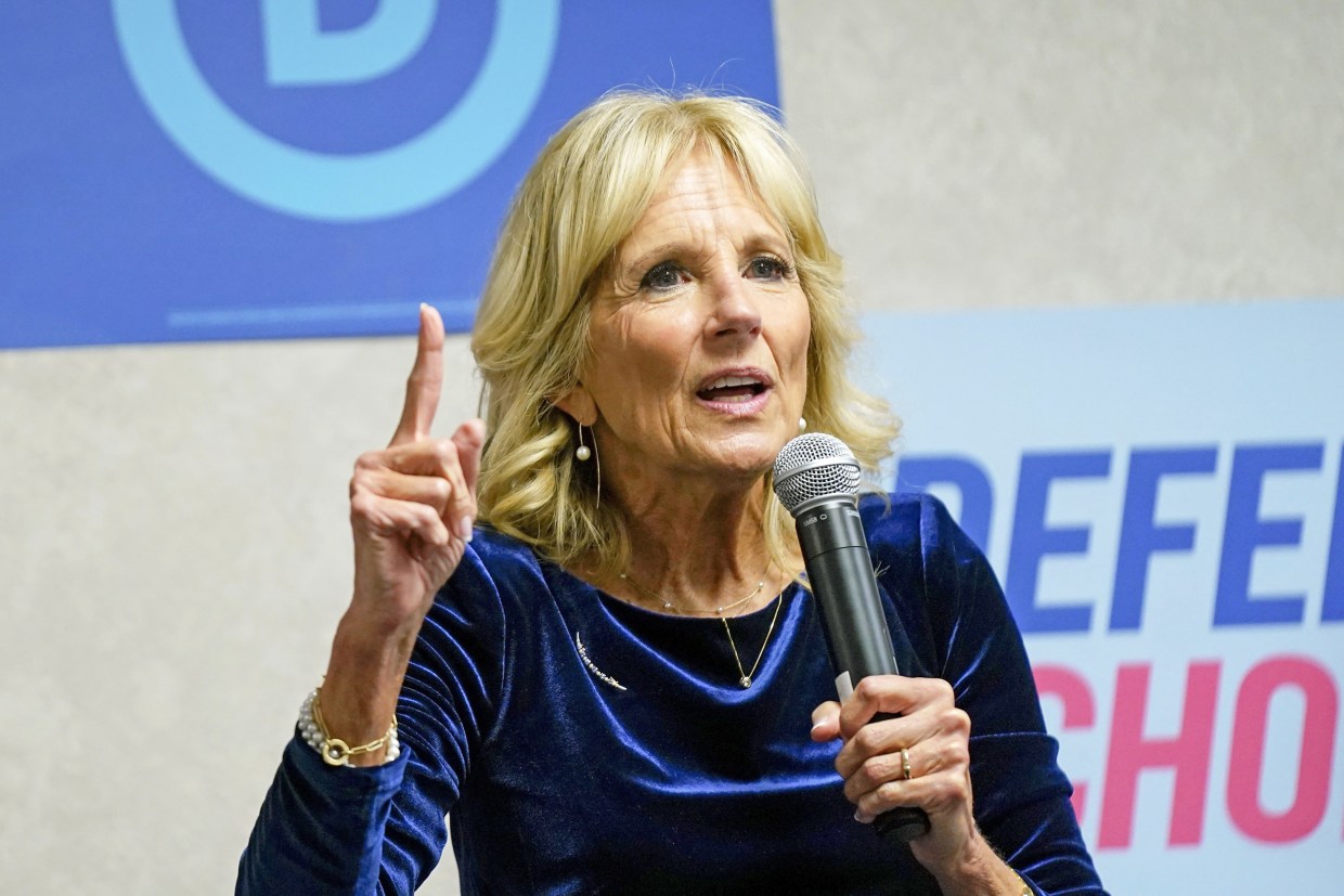 First lady Jill Biden speaks at the Democratic National Committee headquarters