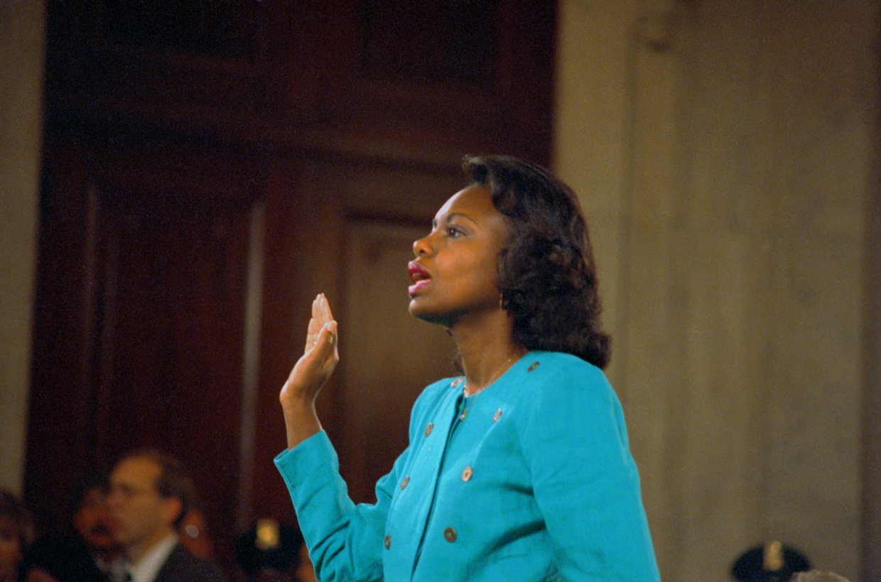 Anita Hill is sworn-in before testifying at the Senate Judiciary hearing on the Clarence Thomas Supreme Court nomination in Washington, D.C. on Oct. 12, 1991.