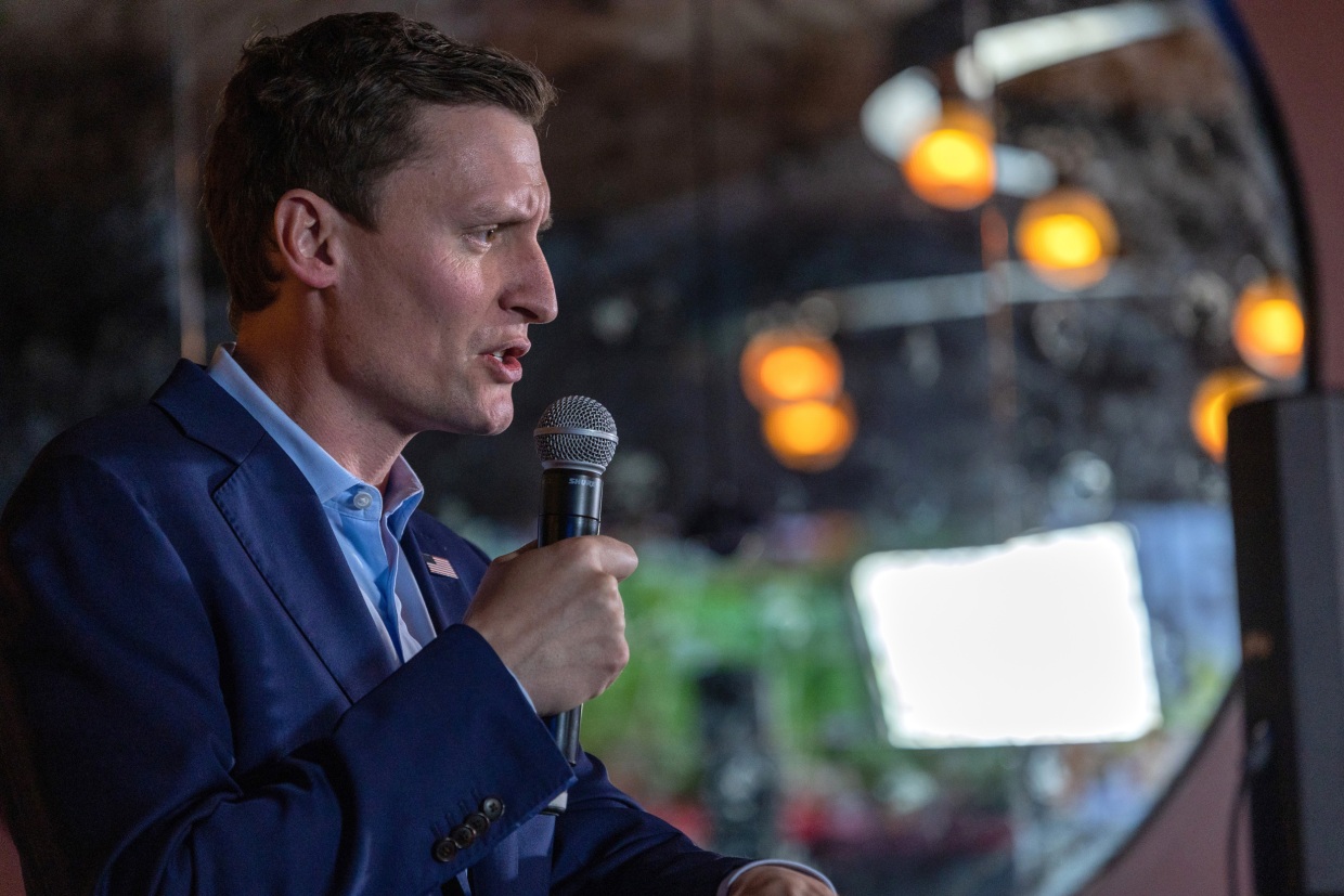 Blake Masters speaks to supporters at the Social Tap sports bar, in Scottsdale, Ariz., on Nov. 2, 2022. 
