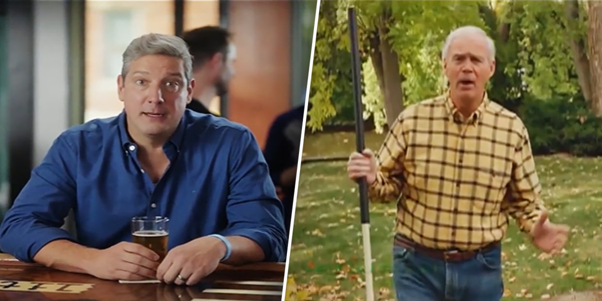Ads for Senate candidates Tim Ryan, left, and Ron Johnson.