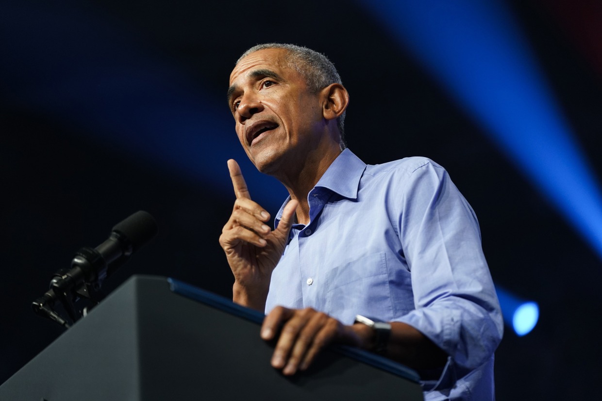 Former President Barack Obama speaks at a campaign rally for Pennsylvania's Democratic gubernatorial candidate Josh Shapiro and Democratic Senate candidate Lt. Gov. John Fetterman, Saturday, Nov. 5, 2022, in Philadelphia.