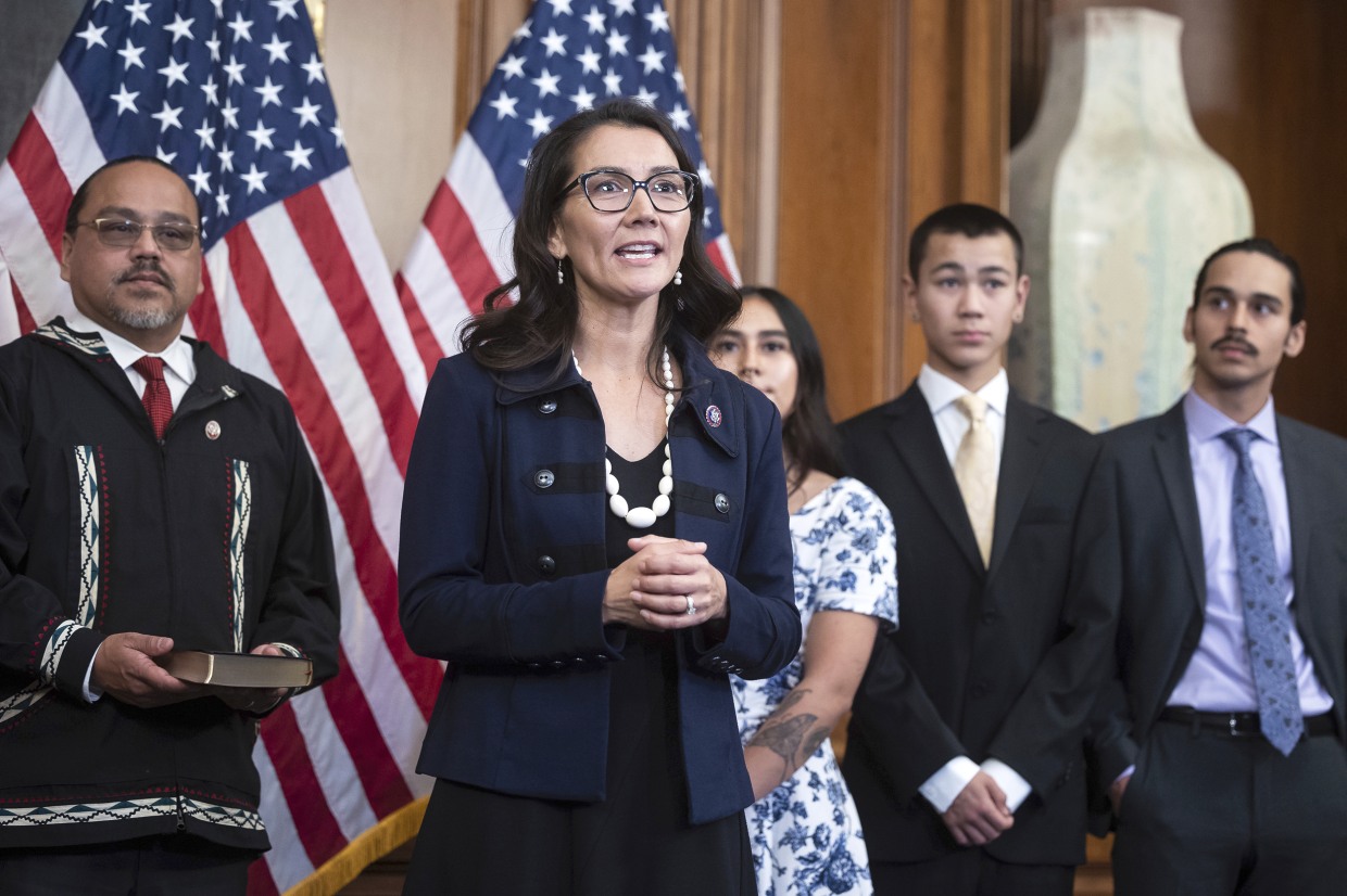 Rep. Mary Peltola (D-Alaska) takes part in her ceremonial swearing-in alongside family members at the U.S. Capitol Sept. 13, 2022.
