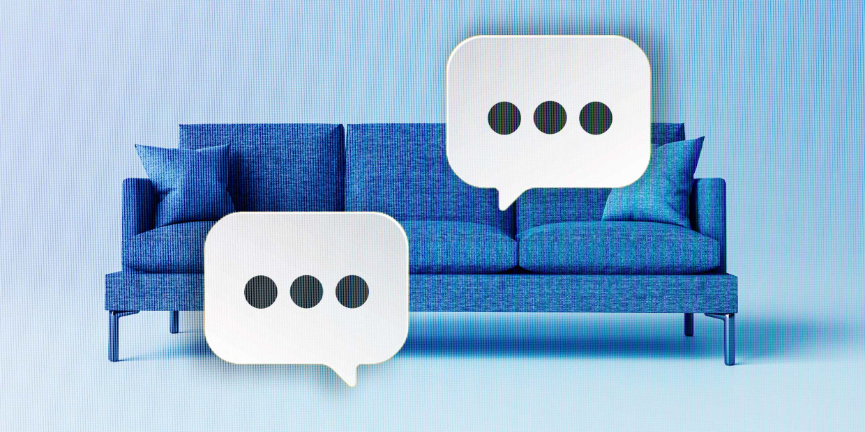 A photo of a couch with two speaking bubbles.