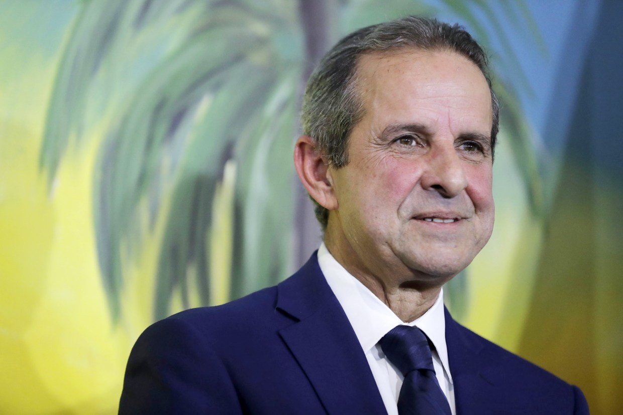 Former Mayor of Miami, Manny Diaz speaks before Democratic presidential candidate former New York City Mayor Mike Bloomberg during a news conference on Tuesday, March 3, 2020, in Little Havana a neighborhood in Miami. (AP Photo/Brynn Anderson)