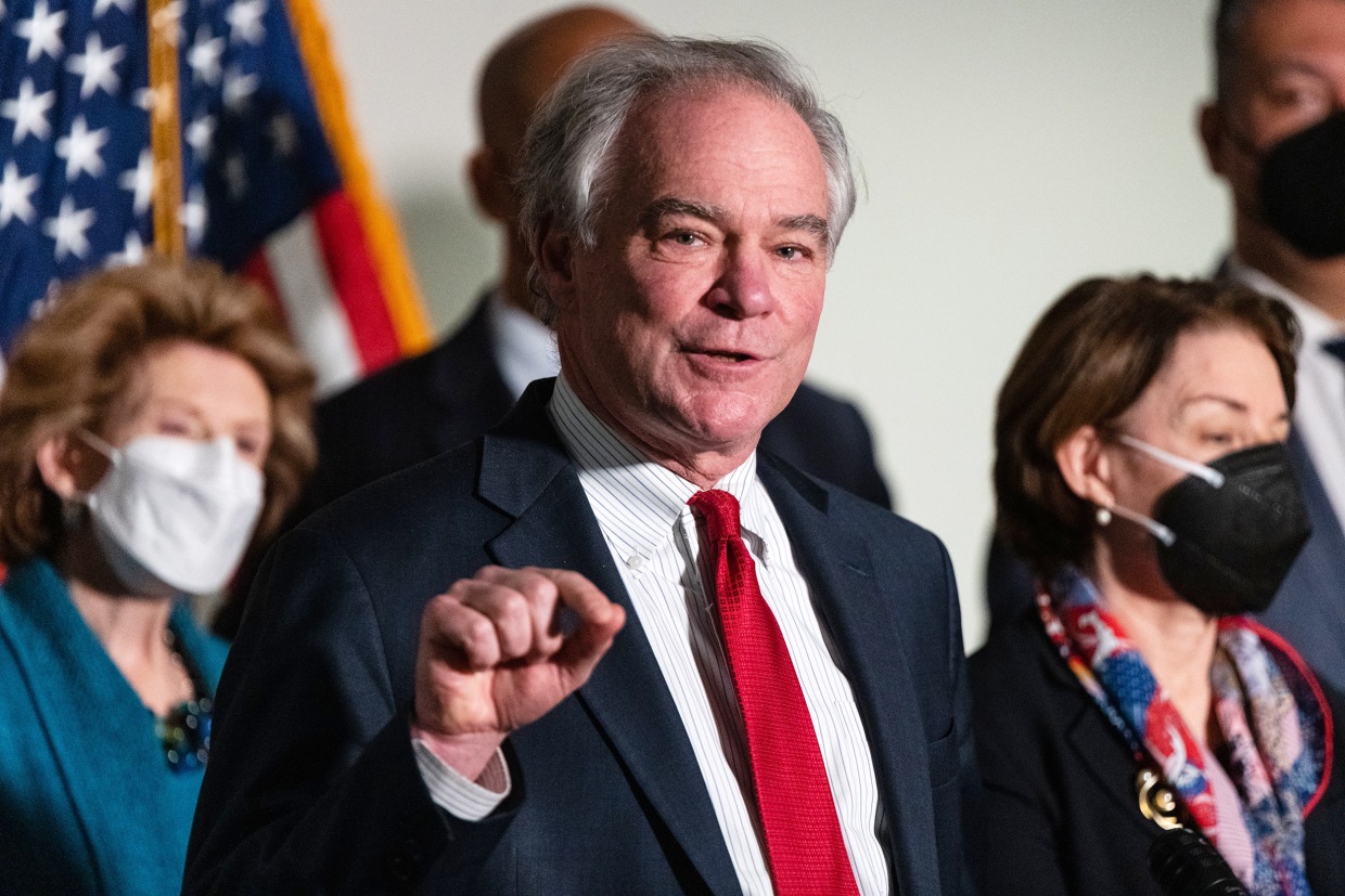 Senator Tim Kaine, a Democrat from Virginia, speaks during a news conference at the Hart Senate Office Building in Washington, D.C., U.S., on Tuesday, Jan. 18, 2022. The Senate returns today to take up Democrats' voting rights and election-overhaul legislation, a likely doomed effort amid party disunity over changing longstanding Senate rules.