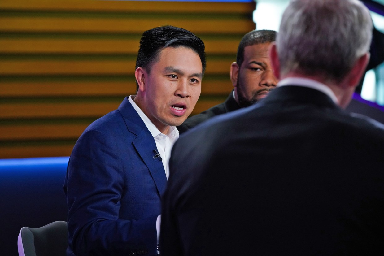 Lanhee Chen during a television interview in New York in 2019.