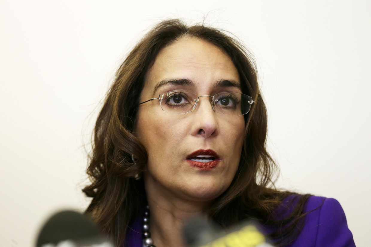 Harmeet Dhillon speaks during a news conference in San Francisco