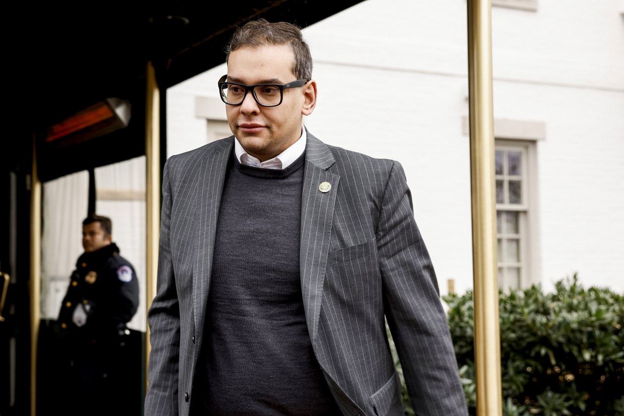Rep. George Santos, R-N.Y., leaves a GOP caucus meeting on Capitol Hill on Jan. 25, 2023.