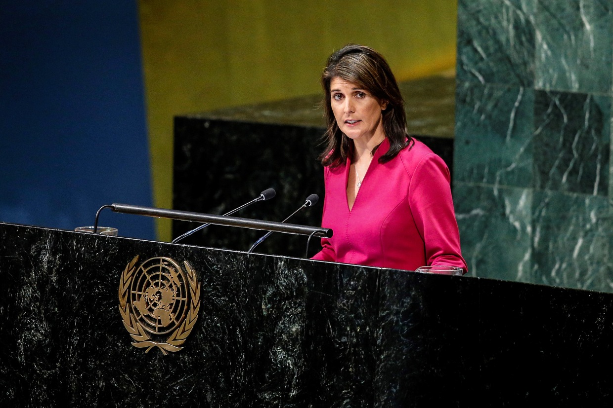U.S. Ambassador to the United Nations Nikki Haley makes a speech during the United Nations General Assembly 30th plenary meeting at the United Nations Headquarters in New York on Nov. 1, 2018.