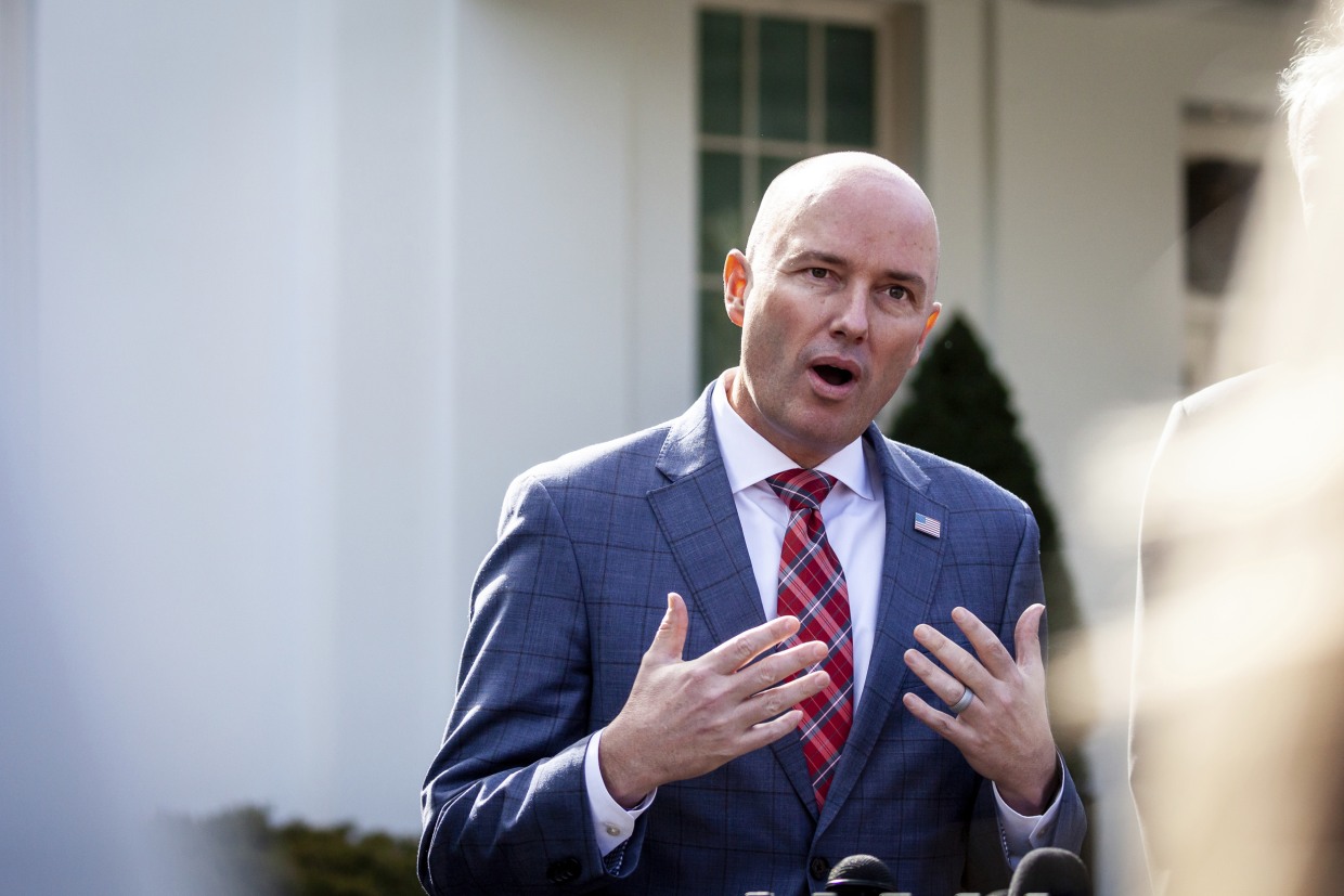 Utah Gov. Spencer Cox speaks outside the White House on Feb. 10, 2023.