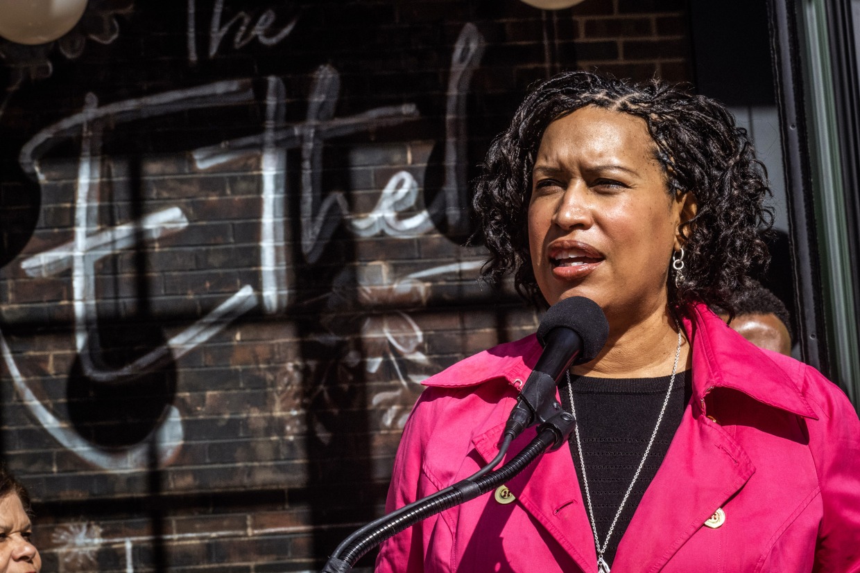 Mayor Muriel Bowser makes remarks as she and other dignitaries celebrate the opening of The Ethel, a permanent supportive housing apartment building, in Washington, DC, on Feb. 13, 2023.