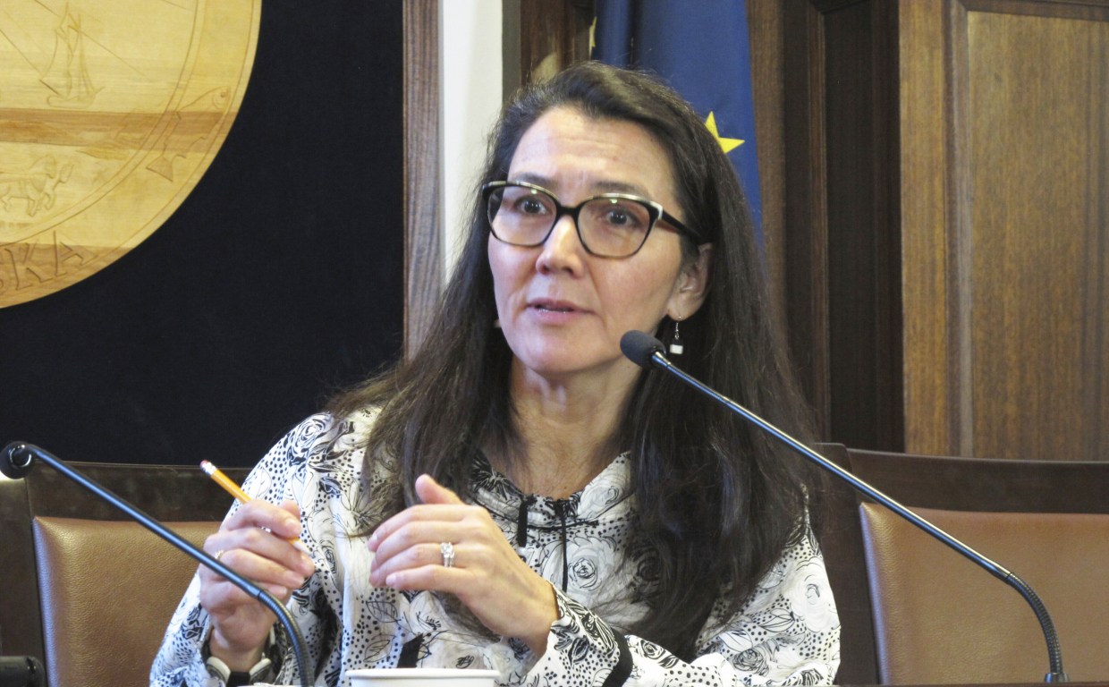 Rep. Mary Peltola speaks to reporters after giving an address to state lawmakers