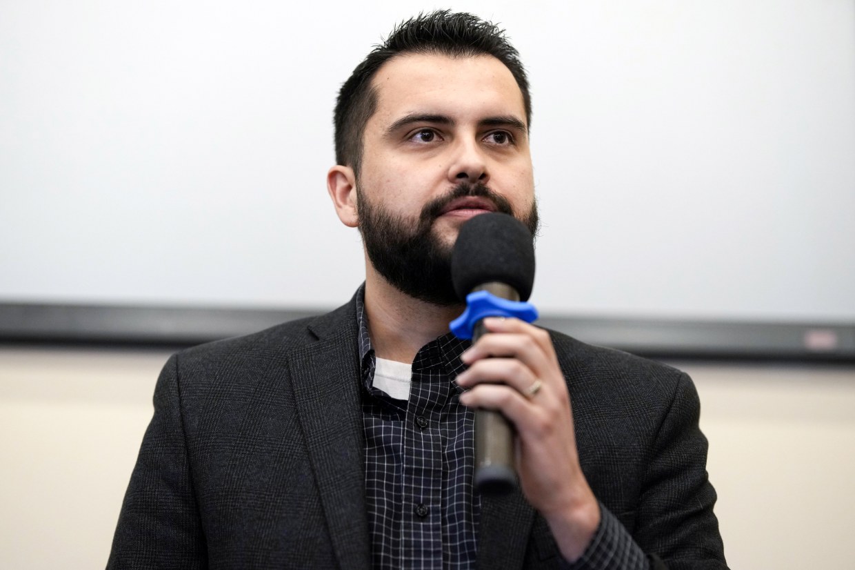 Former State Rep. Dave Williams partakes in a debate for the state Republican Party leadership position on Feb. 25, 2023, in Hudson, Colo.