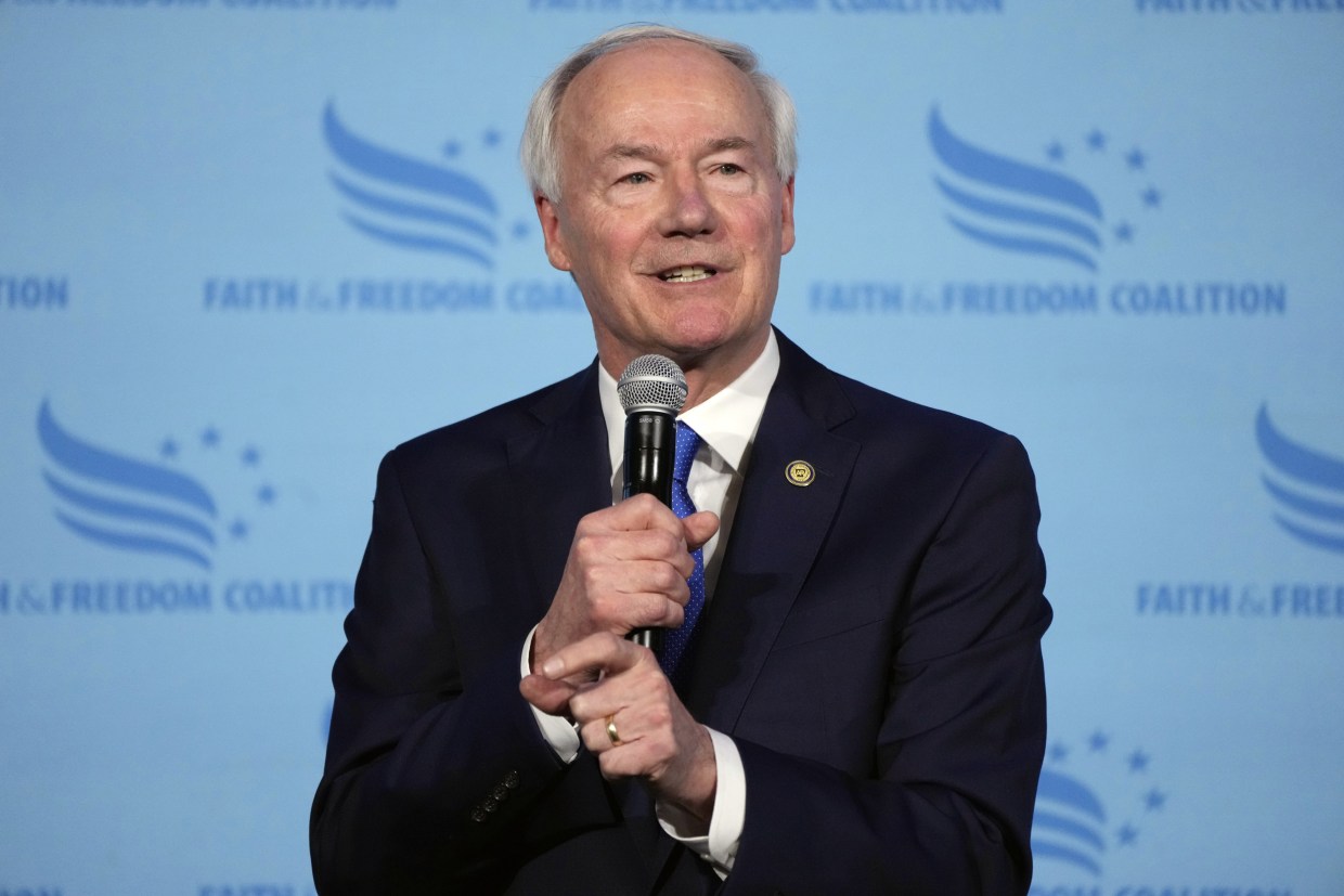 Asa Hutchinson during the Iowa Faith and Freedom Coalition Spring Kick-Off in Clive, Iowa