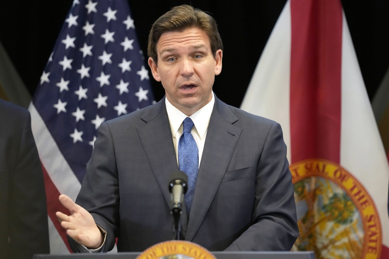 Florida Gov. Ron DeSantis speaks at a news conference at the Reedy Creek Administration Building Monday, April 17, 2023, in Lake Buena Vista, Fla. DeSantis has yet to enter the 2024 presidential race, but former President Donald Trump is aiming to drum up support in the Florida governor's backyard, securing endorsements already from about one-third of the Republicans in the state's congressional delegation.