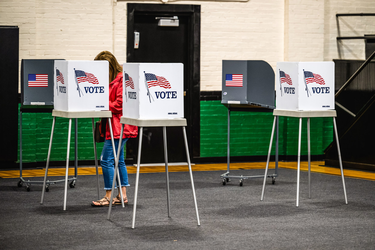 A voter casts their ballot in the Kentucky Primary Elections at polling place in the Simpsonville Community Gym on May 16, 2023 in Simpsonville, Ky.