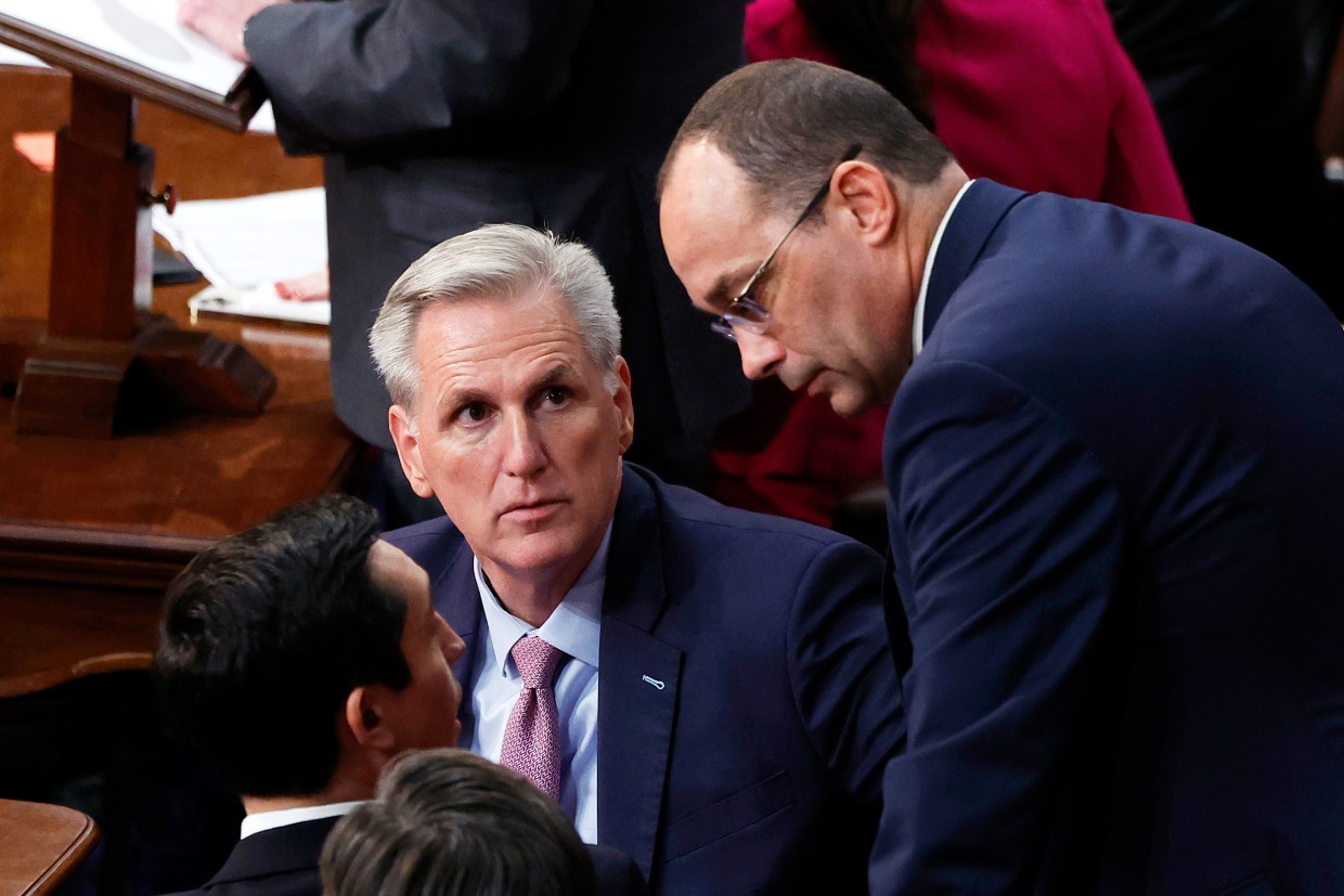 Kevin McCarthy and Bob Good in the House Chamber during the fourth day of elections for Speaker of the House at the Capitol