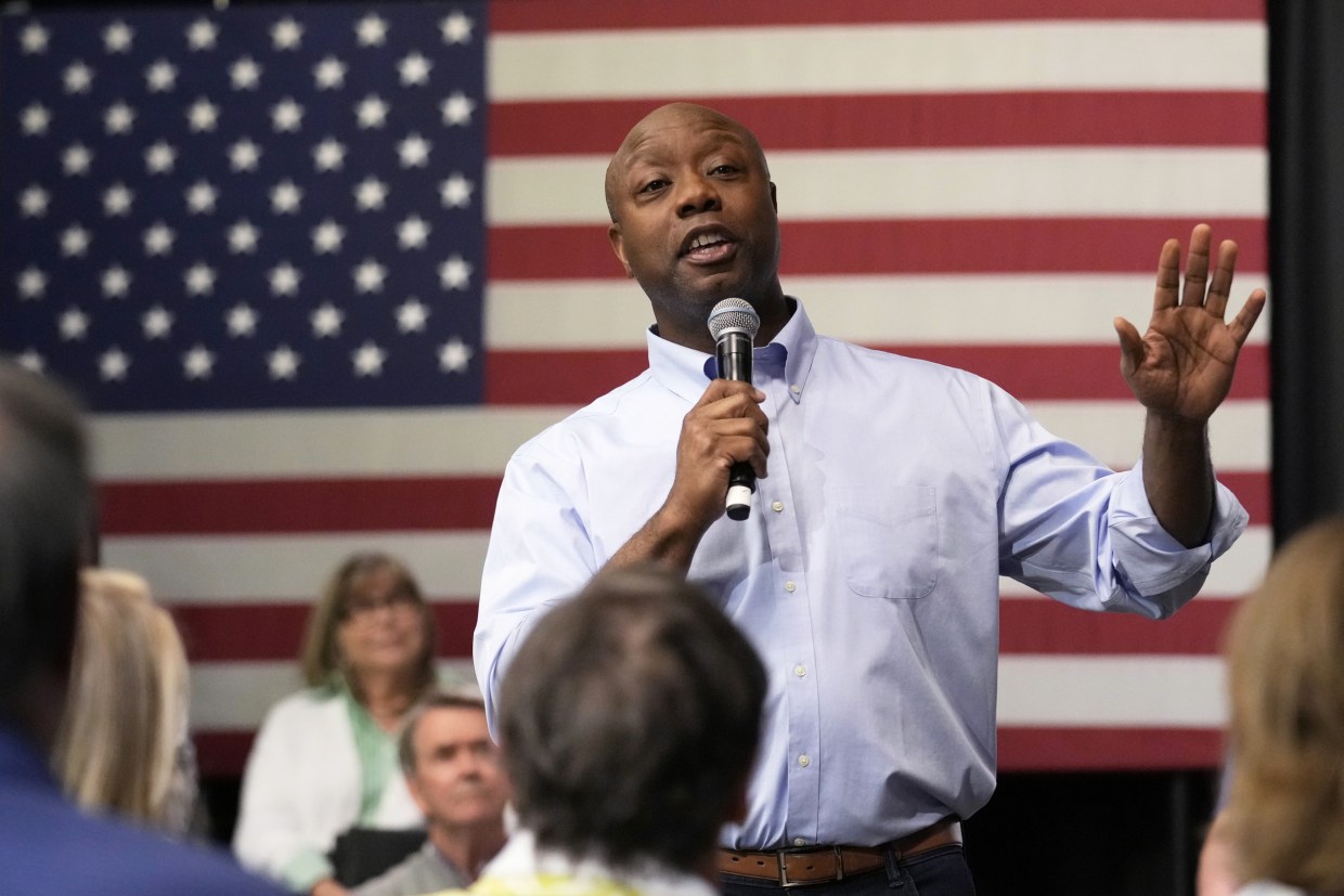 Sen. Tim Scott speaks during a town hall in Manchester, N.H.