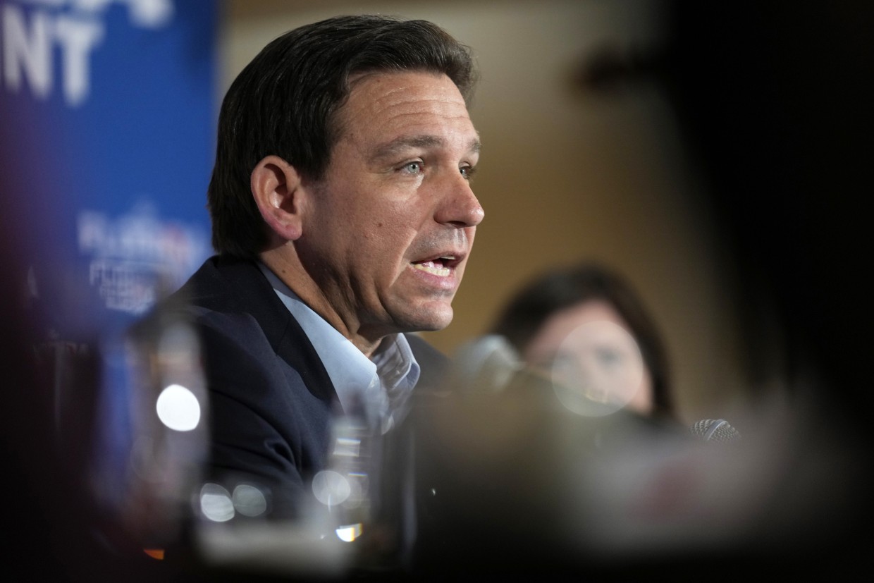 Gov. Ron DeSantis speaks at a political in Bedford, N.H.