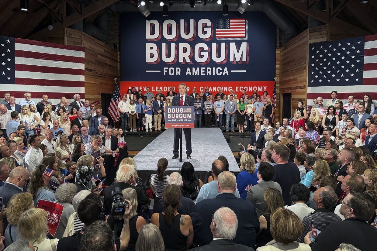 Gov. Doug Burgum kicks off his campaign for the Republican presidential nomination in Fargo, N.D.
