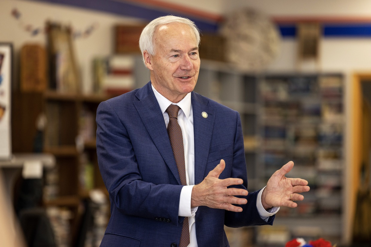 Asa Hutchinson during a campaign event in Davenport, Iowa on May 18, 2023.