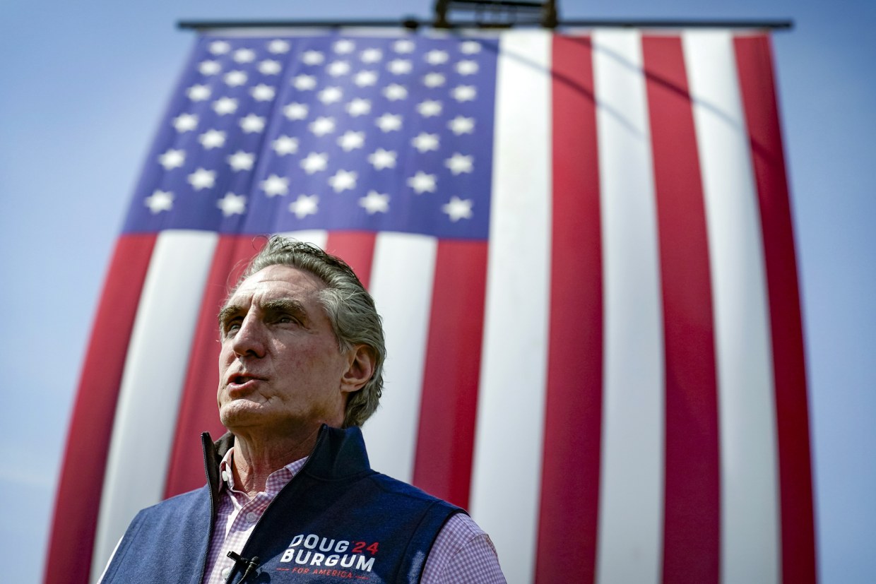 Image: Republican presidential candidate North Dakota Gov. Doug Burgum on June 9, 2023, in Elkhart, Iowa.