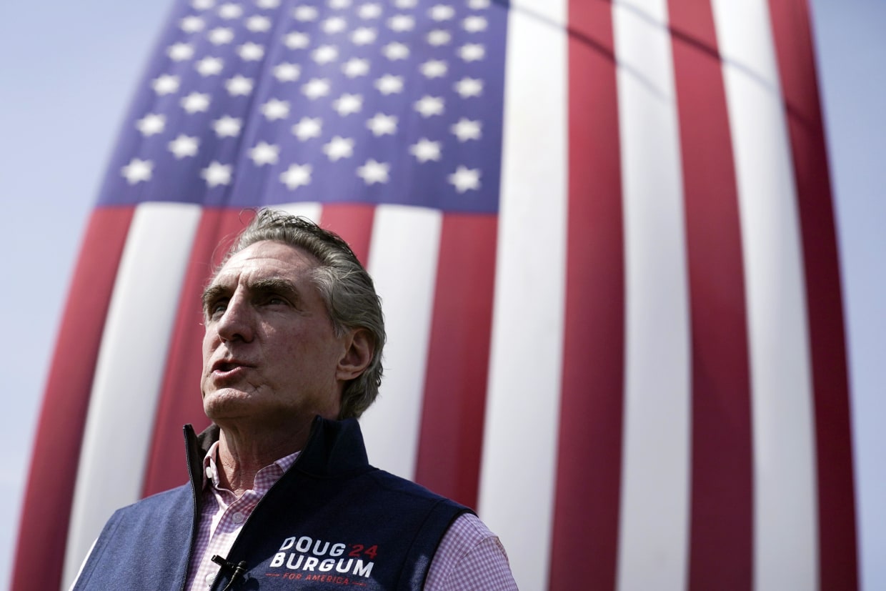 Republican presidential candidate North Dakota Gov. Doug Burgum on June 9, 2023, in Elkhart, Iowa.