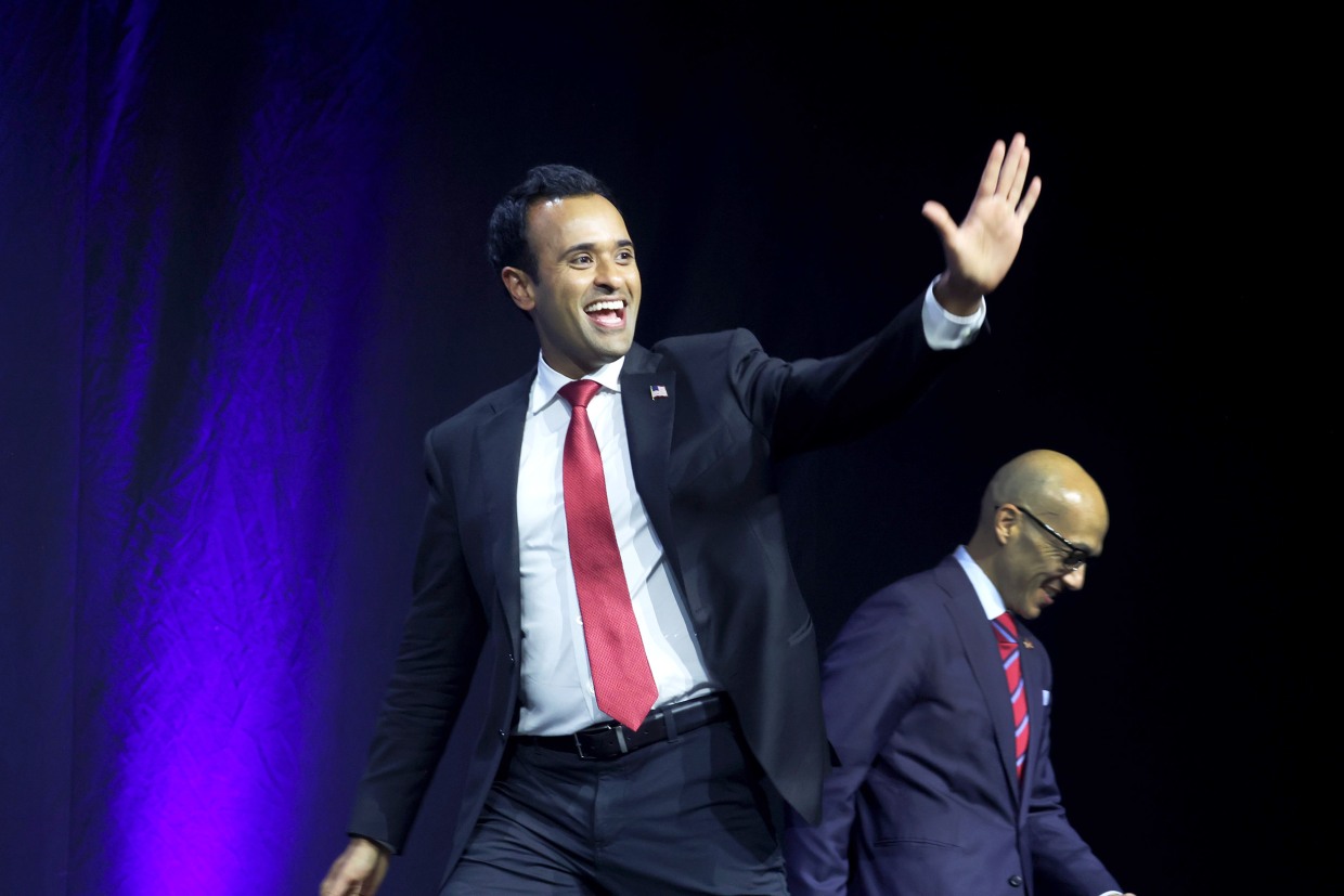 Republican presidential candidate Vivek Ramaswamy speaks to guests at the Family Leadership Summit on July 14, 2023 in Des Moines, Iowa. Several Republican presidential candidates were scheduled to speak at the event, billed as “The Midwest’s largest gathering of Christians seeking cultural transformation in the family, Church, government, and more.